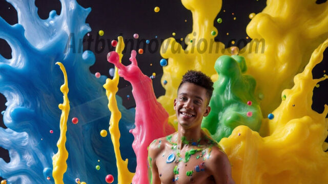 Paint Splat Fun - Hot men having fun with body paint. AI-generated abstract art featuring beautiful, handsome, sexy, shirtless, men, boys, lads, full of excitement joy and fun, covered in body paint, dynamic, interactive, Combining elements of realism with surreal abstract qualities, showcasing the potential of AI in artistic expression. Photos of guys, just smiling, happy, and having a good time. Most of them are smiling because a paint bomb just blow up next to them, so I'm calling is Abstract Art. When paint attacks and makes people happy, it's Art!