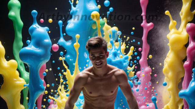 Paint Splat Fun - Hot men having fun with body paint. AI-generated abstract art featuring beautiful, handsome, sexy, shirtless, men, boys, lads, full of excitement joy and fun, covered in body paint, dynamic, interactive, Combining elements of realism with surreal abstract qualities, showcasing the potential of AI in artistic expression. Photos of guys, just smiling, happy, and having a good time. Most of them are smiling because a paint bomb just blow up next to them, so I'm calling is Abstract Art. When paint attacks and makes people happy, it's Art!