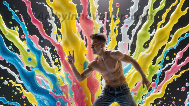 Paint Splat Fun - Hot men having fun with body paint. AI-generated abstract art featuring beautiful, handsome, sexy, shirtless, men, boys, lads, full of excitement joy and fun, covered in body paint, dynamic, interactive, Combining elements of realism with surreal abstract qualities, showcasing the potential of AI in artistic expression. Photos of guys, just smiling, happy, and having a good time. Most of them are smiling because a paint bomb just blow up next to them, so I'm calling is Abstract Art. When paint attacks and makes people happy, it's Art!