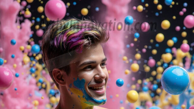 Paint Splat Fun - Hot men having fun with body paint. AI-generated abstract art featuring beautiful, handsome, sexy, shirtless, men, boys, lads, full of excitement joy and fun, covered in body paint, dynamic, interactive, Combining elements of realism with surreal abstract qualities, showcasing the potential of AI in artistic expression. Photos of guys, just smiling, happy, and having a good time. Most of them are smiling because a paint bomb just blow up next to them, so I'm calling is Abstract Art. When paint attacks and makes people happy, it's Art!