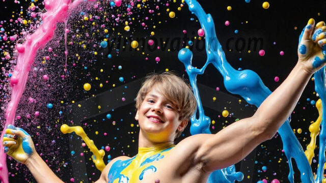 Paint Splat Fun - Hot men having fun with body paint. AI-generated abstract art featuring beautiful, handsome, sexy, shirtless, men, boys, lads, full of excitement joy and fun, covered in body paint, dynamic, interactive, Combining elements of realism with surreal abstract qualities, showcasing the potential of AI in artistic expression. Photos of guys, just smiling, happy, and having a good time. Most of them are smiling because a paint bomb just blow up next to them, so I'm calling is Abstract Art. When paint attacks and makes people happy, it's Art!