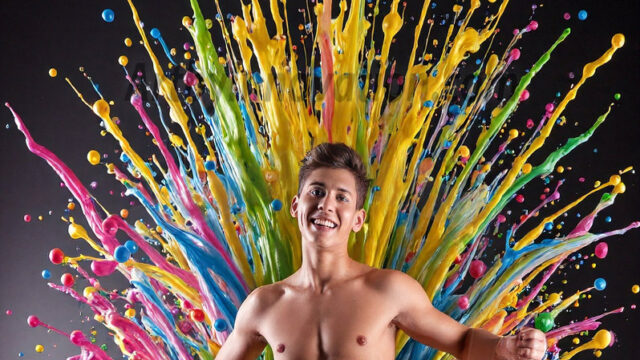 Paint Splat Fun - Hot men having fun with body paint. AI-generated abstract art featuring beautiful, handsome, sexy, shirtless, men, boys, lads, full of excitement joy and fun, covered in body paint, dynamic, interactive, Combining elements of realism with surreal abstract qualities, showcasing the potential of AI in artistic expression. Photos of guys, just smiling, happy, and having a good time. Most of them are smiling because a paint bomb just blow up next to them, so I'm calling is Abstract Art. When paint attacks and makes people happy, it's Art!