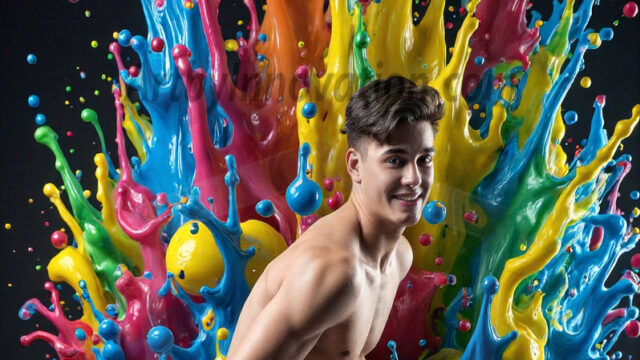 Paint Splat Fun - Hot men having fun with body paint. AI-generated abstract art featuring beautiful, handsome, sexy, shirtless, men, boys, lads, full of excitement joy and fun, covered in body paint, dynamic, interactive, Combining elements of realism with surreal abstract qualities, showcasing the potential of AI in artistic expression. Photos of guys, just smiling, happy, and having a good time. Most of them are smiling because a paint bomb just blow up next to them, so I'm calling is Abstract Art. When paint attacks and makes people happy, it's Art!