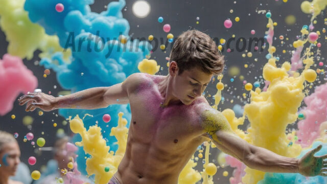 Paint Splat Fun - Hot men having fun with body paint. AI-generated abstract art featuring beautiful, handsome, sexy, shirtless, men, boys, lads, full of excitement joy and fun, covered in body paint, dynamic, interactive, Combining elements of realism with surreal abstract qualities, showcasing the potential of AI in artistic expression. Photos of guys, just smiling, happy, and having a good time. Most of them are smiling because a paint bomb just blow up next to them, so I'm calling is Abstract Art. When paint attacks and makes people happy, it's Art!