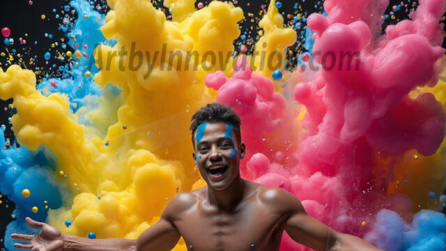 Paint Splat Fun - Hot men having fun with body paint. AI-generated abstract art featuring beautiful, handsome, sexy, shirtless, men, boys, lads, full of excitement joy and fun, covered in body paint, dynamic, interactive, Combining elements of realism with surreal abstract qualities, showcasing the potential of AI in artistic expression. Photos of guys, just smiling, happy, and having a good time. Most of them are smiling because a paint bomb just blow up next to them, so I'm calling is Abstract Art. When paint attacks and makes people happy, it's Art!