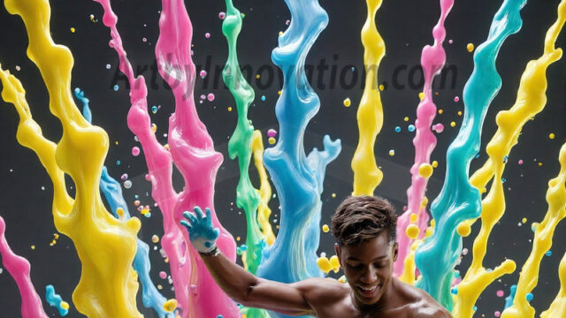 Paint Splat Fun - Hot men having fun with body paint. AI-generated abstract art featuring beautiful, handsome, sexy, shirtless, men, boys, lads, full of excitement joy and fun, covered in body paint, dynamic, interactive, Combining elements of realism with surreal abstract qualities, showcasing the potential of AI in artistic expression. Photos of guys, just smiling, happy, and having a good time. Most of them are smiling because a paint bomb just blow up next to them, so I'm calling is Abstract Art. When paint attacks and makes people happy, it's Art!