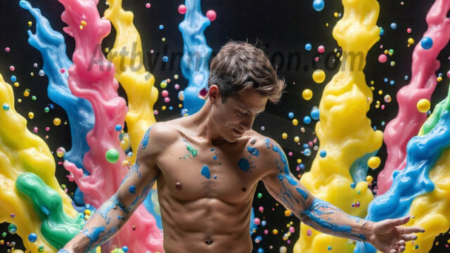 Paint Splat Fun - Hot men having fun with body paint. AI-generated abstract art featuring beautiful, handsome, sexy, shirtless, men, boys, lads, full of excitement joy and fun, covered in body paint, dynamic, interactive, Combining elements of realism with surreal abstract qualities, showcasing the potential of AI in artistic expression. Photos of guys, just smiling, happy, and having a good time. Most of them are smiling because a paint bomb just blow up next to them, so I'm calling is Abstract Art. When paint attacks and makes people happy, it's Art!