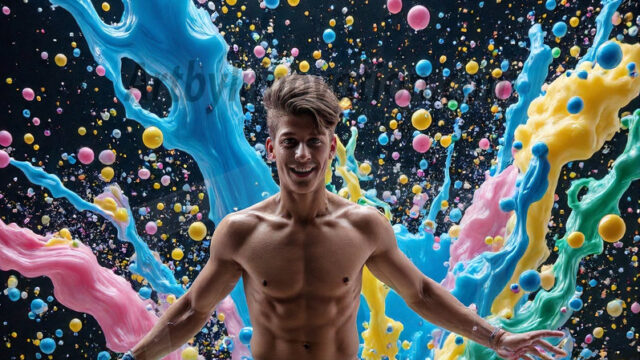 Paint Splat Fun - Hot men having fun with body paint. AI-generated abstract art featuring beautiful, handsome, sexy, shirtless, men, boys, lads, full of excitement joy and fun, covered in body paint, dynamic, interactive, Combining elements of realism with surreal abstract qualities, showcasing the potential of AI in artistic expression. Photos of guys, just smiling, happy, and having a good time. Most of them are smiling because a paint bomb just blow up next to them, so I'm calling is Abstract Art. When paint attacks and makes people happy, it's Art!