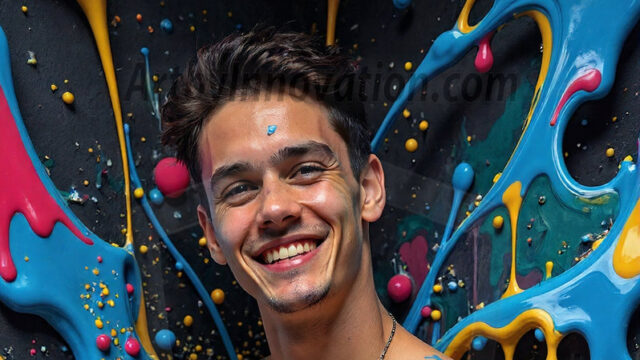 Paint Splat Fun - Hot men having fun with body paint. AI-generated abstract art featuring beautiful, handsome, sexy, shirtless, men, boys, lads, full of excitement joy and fun, covered in body paint, dynamic, interactive, Combining elements of realism with surreal abstract qualities, showcasing the potential of AI in artistic expression. Photos of guys, just smiling, happy, and having a good time. Most of them are smiling because a paint bomb just blow up next to them, so I'm calling is Abstract Art. When paint attacks and makes people happy, it's Art!