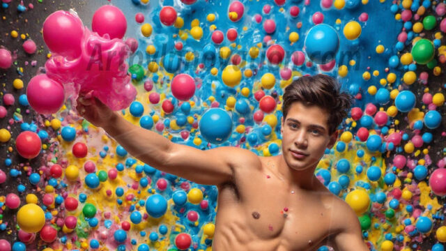 Paint Splat Fun - Hot men having fun with body paint. AI-generated abstract art featuring beautiful, handsome, sexy, shirtless, men, boys, lads, full of excitement joy and fun, covered in body paint, dynamic, interactive, Combining elements of realism with surreal abstract qualities, showcasing the potential of AI in artistic expression. Photos of guys, just smiling, happy, and having a good time. Most of them are smiling because a paint bomb just blow up next to them, so I'm calling is Abstract Art. When paint attacks and makes people happy, it's Art!