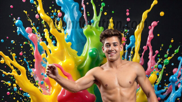 Paint Splat Fun - Hot men having fun with body paint. AI-generated abstract art featuring beautiful, handsome, sexy, shirtless, men, boys, lads, full of excitement joy and fun, covered in body paint, dynamic, interactive, Combining elements of realism with surreal abstract qualities, showcasing the potential of AI in artistic expression. Photos of guys, just smiling, happy, and having a good time. Most of them are smiling because a paint bomb just blow up next to them, so I'm calling is Abstract Art. When paint attacks and makes people happy, it's Art!