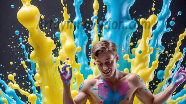 Paint Splat Fun - Hot men having fun with body paint. AI-generated abstract art featuring beautiful, handsome, sexy, shirtless, men, boys, lads, full of excitement joy and fun, covered in body paint, dynamic, interactive, Combining elements of realism with surreal abstract qualities, showcasing the potential of AI in artistic expression. Photos of guys, just smiling, happy, and having a good time. Most of them are smiling because a paint bomb just blow up next to them, so I'm calling is Abstract Art. When paint attacks and makes people happy, it's Art!