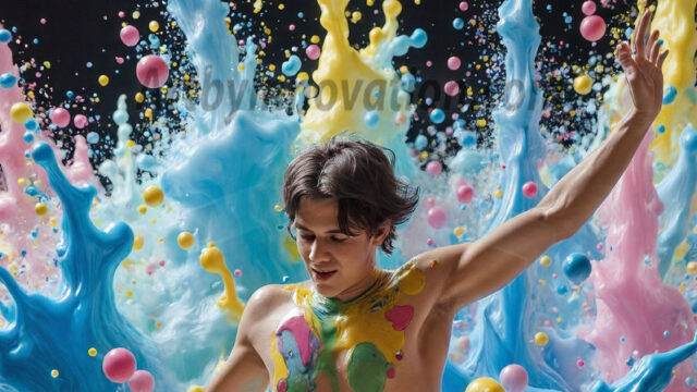 Paint Splat Fun - Hot men having fun with body paint. AI-generated abstract art featuring beautiful, handsome, sexy, shirtless, men, boys, lads, full of excitement joy and fun, covered in body paint, dynamic, interactive, Combining elements of realism with surreal abstract qualities, showcasing the potential of AI in artistic expression. Photos of guys, just smiling, happy, and having a good time. Most of them are smiling because a paint bomb just blow up next to them, so I'm calling is Abstract Art. When paint attacks and makes people happy, it's Art!
