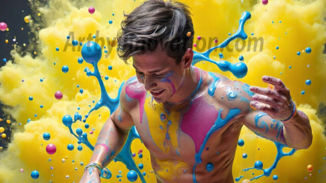 Paint Splat Fun - Hot men having fun with body paint. AI-generated abstract art featuring beautiful, handsome, sexy, shirtless, men, boys, lads, full of excitement joy and fun, covered in body paint, dynamic, interactive, Combining elements of realism with surreal abstract qualities, showcasing the potential of AI in artistic expression. Photos of guys, just smiling, happy, and having a good time. Most of them are smiling because a paint bomb just blow up next to them, so I'm calling is Abstract Art. When paint attacks and makes people happy, it's Art!