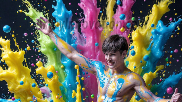 Paint Splat Fun - Hot men having fun with body paint. AI-generated abstract art featuring beautiful, handsome, sexy, shirtless, men, boys, lads, full of excitement joy and fun, covered in body paint, dynamic, interactive, Combining elements of realism with surreal abstract qualities, showcasing the potential of AI in artistic expression. Photos of guys, just smiling, happy, and having a good time. Most of them are smiling because a paint bomb just blow up next to them, so I'm calling is Abstract Art. When paint attacks and makes people happy, it's Art!
