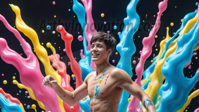 Paint Splat Fun - Hot men having fun with body paint. AI-generated abstract art featuring beautiful, handsome, sexy, shirtless, men, boys, lads, full of excitement joy and fun, covered in body paint, dynamic, interactive, Combining elements of realism with surreal abstract qualities, showcasing the potential of AI in artistic expression. Photos of guys, just smiling, happy, and having a good time. Most of them are smiling because a paint bomb just blow up next to them, so I'm calling is Abstract Art. When paint attacks and makes people happy, it's Art!