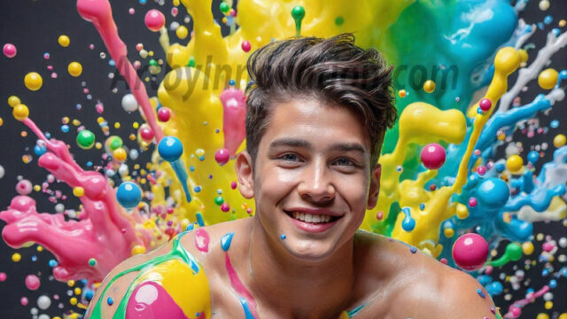 Paint Splat Fun - Hot men having fun with body paint. AI-generated abstract art featuring beautiful, handsome, sexy, shirtless, men, boys, lads, full of excitement joy and fun, covered in body paint, dynamic, interactive, Combining elements of realism with surreal abstract qualities, showcasing the potential of AI in artistic expression. Photos of guys, just smiling, happy, and having a good time. Most of them are smiling because a paint bomb just blow up next to them, so I'm calling is Abstract Art. When paint attacks and makes people happy, it's Art!