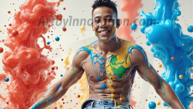 Paint Splat Fun - Hot men having fun with body paint. AI-generated abstract art featuring beautiful, handsome, sexy, shirtless, men, boys, lads, full of excitement joy and fun, covered in body paint, dynamic, interactive, Combining elements of realism with surreal abstract qualities, showcasing the potential of AI in artistic expression. Photos of guys, just smiling, happy, and having a good time. Most of them are smiling because a paint bomb just blow up next to them, so I'm calling is Abstract Art. When paint attacks and makes people happy, it's Art!