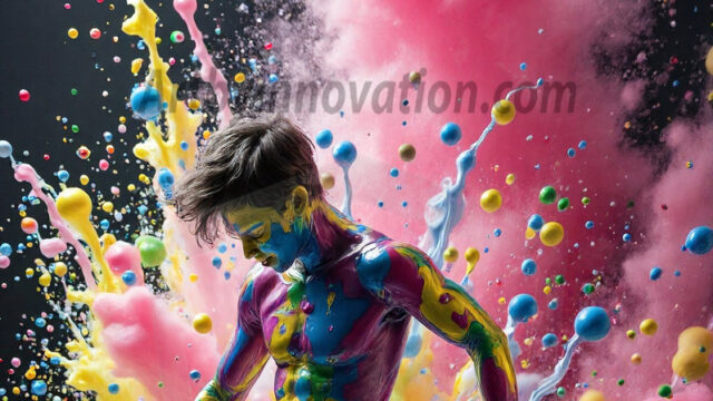 Paint Splat Fun - Hot men having fun with body paint. AI-generated abstract art featuring beautiful, handsome, sexy, shirtless, men, boys, lads, full of excitement joy and fun, covered in body paint, dynamic, interactive, Combining elements of realism with surreal abstract qualities, showcasing the potential of AI in artistic expression. Photos of guys, just smiling, happy, and having a good time. Most of them are smiling because a paint bomb just blow up next to them, so I'm calling is Abstract Art. When paint attacks and makes people happy, it's Art!