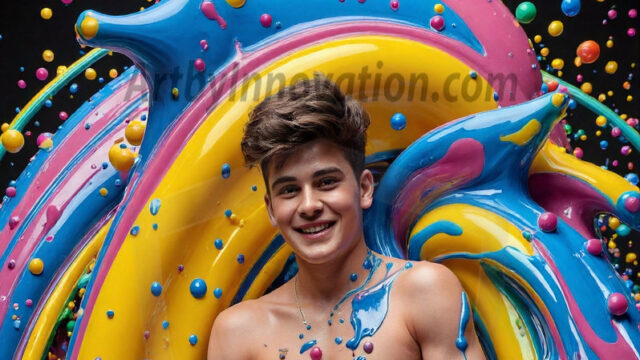 Paint Splat Fun - Hot men having fun with body paint. AI-generated abstract art featuring beautiful, handsome, sexy, shirtless, men, boys, lads, full of excitement joy and fun, covered in body paint, dynamic, interactive, Combining elements of realism with surreal abstract qualities, showcasing the potential of AI in artistic expression. Photos of guys, just smiling, happy, and having a good time. Most of them are smiling because a paint bomb just blow up next to them, so I'm calling is Abstract Art. When paint attacks and makes people happy, it's Art!