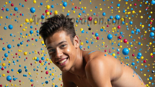 Paint Splat Fun - Hot men having fun with body paint. AI-generated abstract art featuring beautiful, handsome, sexy, shirtless, men, boys, lads, full of excitement joy and fun, covered in body paint, dynamic, interactive, Combining elements of realism with surreal abstract qualities, showcasing the potential of AI in artistic expression. Photos of guys, just smiling, happy, and having a good time. Most of them are smiling because a paint bomb just blow up next to them, so I'm calling is Abstract Art. When paint attacks and makes people happy, it's Art!