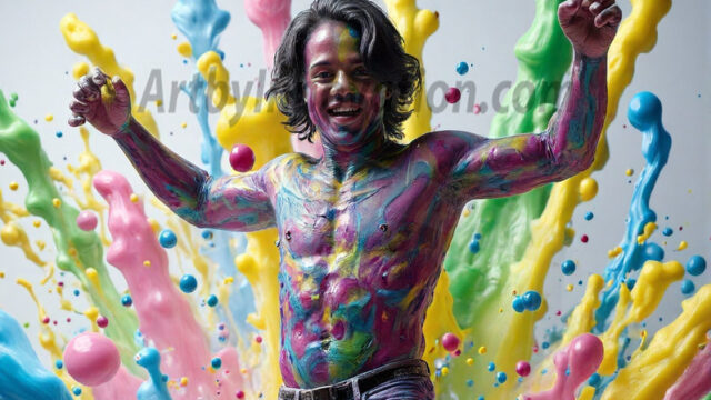 Paint Splat Fun - Hot men having fun with body paint. AI-generated abstract art featuring beautiful, handsome, sexy, shirtless, men, boys, lads, full of excitement joy and fun, covered in body paint, dynamic, interactive, Combining elements of realism with surreal abstract qualities, showcasing the potential of AI in artistic expression. Photos of guys, just smiling, happy, and having a good time. Most of them are smiling because a paint bomb just blow up next to them, so I'm calling is Abstract Art. When paint attacks and makes people happy, it's Art!
