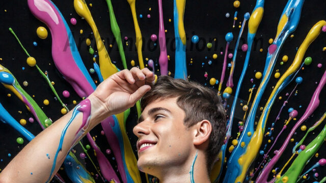 Paint Splat Fun - Hot men having fun with body paint. AI-generated abstract art featuring beautiful, handsome, sexy, shirtless, men, boys, lads, full of excitement joy and fun, covered in body paint, dynamic, interactive, Combining elements of realism with surreal abstract qualities, showcasing the potential of AI in artistic expression. Photos of guys, just smiling, happy, and having a good time. Most of them are smiling because a paint bomb just blow up next to them, so I'm calling is Abstract Art. When paint attacks and makes people happy, it's Art!