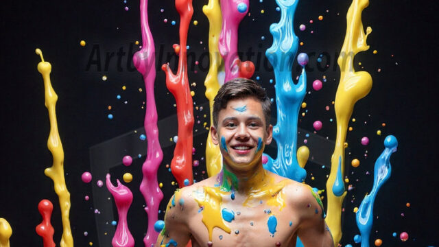 Paint Splat Fun - Hot men having fun with body paint. AI-generated abstract art featuring beautiful, handsome, sexy, shirtless, men, boys, lads, full of excitement joy and fun, covered in body paint, dynamic, interactive, Combining elements of realism with surreal abstract qualities, showcasing the potential of AI in artistic expression. Photos of guys, just smiling, happy, and having a good time. Most of them are smiling because a paint bomb just blow up next to them, so I'm calling is Abstract Art. When paint attacks and makes people happy, it's Art!