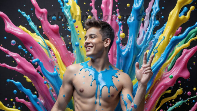 Paint Splat Fun - Hot men having fun with body paint. AI-generated abstract art featuring beautiful, handsome, sexy, shirtless, men, boys, lads, full of excitement joy and fun, covered in body paint, dynamic, interactive, Combining elements of realism with surreal abstract qualities, showcasing the potential of AI in artistic expression. Photos of guys, just smiling, happy, and having a good time. Most of them are smiling because a paint bomb just blow up next to them, so I'm calling is Abstract Art. When paint attacks and makes people happy, it's Art!