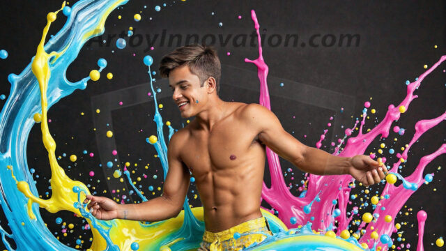 Paint Splat Fun - Hot men having fun with body paint. AI-generated abstract art featuring beautiful, handsome, sexy, shirtless, men, boys, lads, full of excitement joy and fun, covered in body paint, dynamic, interactive, Combining elements of realism with surreal abstract qualities, showcasing the potential of AI in artistic expression. Photos of guys, just smiling, happy, and having a good time. Most of them are smiling because a paint bomb just blow up next to them, so I'm calling is Abstract Art. When paint attacks and makes people happy, it's Art!