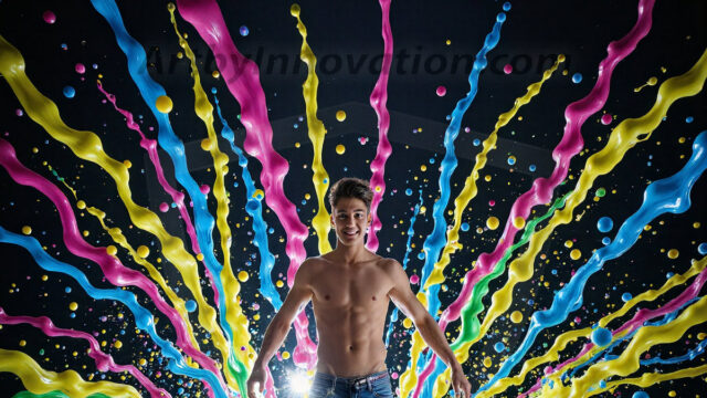 Paint Splat Fun - Hot men having fun with body paint. AI-generated abstract art featuring beautiful, handsome, sexy, shirtless, men, boys, lads, full of excitement joy and fun, covered in body paint, dynamic, interactive, Combining elements of realism with surreal abstract qualities, showcasing the potential of AI in artistic expression. Photos of guys, just smiling, happy, and having a good time. Most of them are smiling because a paint bomb just blow up next to them, so I'm calling is Abstract Art. When paint attacks and makes people happy, it's Art!