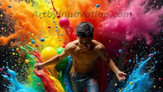 Paint Splat Fun - Hot men having fun with body paint. AI-generated abstract art featuring beautiful, handsome, sexy, shirtless, men, boys, lads, full of excitement joy and fun, covered in body paint, dynamic, interactive, Combining elements of realism with surreal abstract qualities, showcasing the potential of AI in artistic expression. Photos of guys, just smiling, happy, and having a good time. Most of them are smiling because a paint bomb just blow up next to them, so I'm calling is Abstract Art. When paint attacks and makes people happy, it's Art!