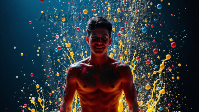 Paint Splat Fun - Hot men having fun with body paint. AI-generated abstract art featuring beautiful, handsome, sexy, shirtless, men, boys, lads, full of excitement joy and fun, covered in body paint, dynamic, interactive, Combining elements of realism with surreal abstract qualities, showcasing the potential of AI in artistic expression. Photos of guys, just smiling, happy, and having a good time. Most of them are smiling because a paint bomb just blow up next to them, so I'm calling is Abstract Art. When paint attacks and makes people happy, it's Art!
