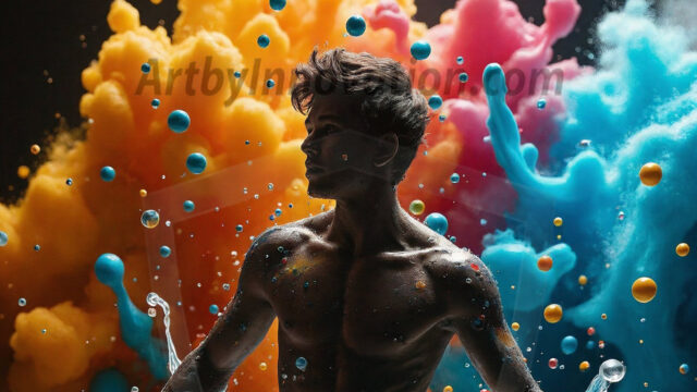 Paint Splat Fun - Hot men having fun with body paint. AI-generated abstract art featuring beautiful, handsome, sexy, shirtless, men, boys, lads, full of excitement joy and fun, covered in body paint, dynamic, interactive, Combining elements of realism with surreal abstract qualities, showcasing the potential of AI in artistic expression. Photos of guys, just smiling, happy, and having a good time. Most of them are smiling because a paint bomb just blow up next to them, so I'm calling is Abstract Art. When paint attacks and makes people happy, it's Art!