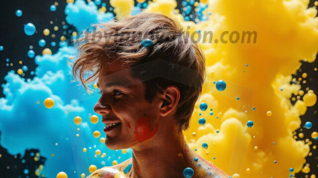 Paint Splat Fun - Hot men having fun with body paint. AI-generated abstract art featuring beautiful, handsome, sexy, shirtless, men, boys, lads, full of excitement joy and fun, covered in body paint, dynamic, interactive, Combining elements of realism with surreal abstract qualities, showcasing the potential of AI in artistic expression. Photos of guys, just smiling, happy, and having a good time. Most of them are smiling because a paint bomb just blow up next to them, so I'm calling is Abstract Art. When paint attacks and makes people happy, it's Art!