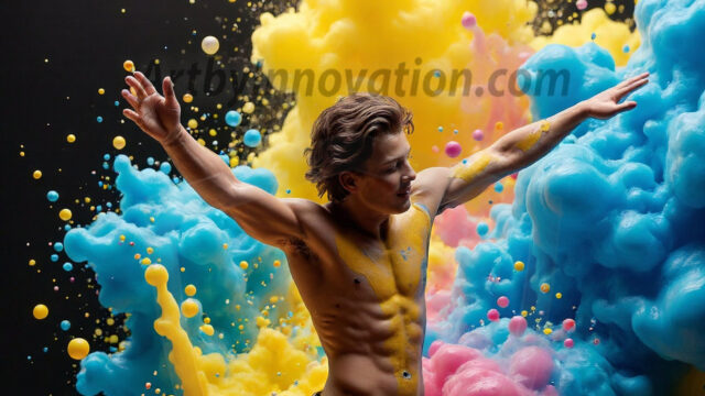 Paint Splat Fun - Hot men having fun with body paint. AI-generated abstract art featuring beautiful, handsome, sexy, shirtless, men, boys, lads, full of excitement joy and fun, covered in body paint, dynamic, interactive, Combining elements of realism with surreal abstract qualities, showcasing the potential of AI in artistic expression. Photos of guys, just smiling, happy, and having a good time. Most of them are smiling because a paint bomb just blow up next to them, so I'm calling is Abstract Art. When paint attacks and makes people happy, it's Art!