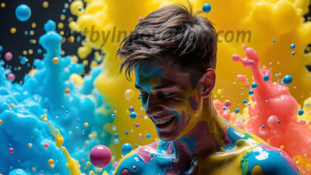 Paint Splat Fun - Hot men having fun with body paint. AI-generated abstract art featuring beautiful, handsome, sexy, shirtless, men, boys, lads, full of excitement joy and fun, covered in body paint, dynamic, interactive, Combining elements of realism with surreal abstract qualities, showcasing the potential of AI in artistic expression. Photos of guys, just smiling, happy, and having a good time. Most of them are smiling because a paint bomb just blow up next to them, so I'm calling is Abstract Art. When paint attacks and makes people happy, it's Art!