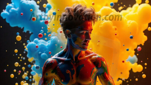 Paint Splat Fun - Hot men having fun with body paint. AI-generated abstract art featuring beautiful, handsome, sexy, shirtless, men, boys, lads, full of excitement joy and fun, covered in body paint, dynamic, interactive, Combining elements of realism with surreal abstract qualities, showcasing the potential of AI in artistic expression. Photos of guys, just smiling, happy, and having a good time. Most of them are smiling because a paint bomb just blow up next to them, so I'm calling is Abstract Art. When paint attacks and makes people happy, it's Art!
