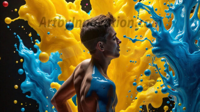 Paint Splat Fun - Hot men having fun with body paint. AI-generated abstract art featuring beautiful, handsome, sexy, shirtless, men, boys, lads, full of excitement joy and fun, covered in body paint, dynamic, interactive, Combining elements of realism with surreal abstract qualities, showcasing the potential of AI in artistic expression. Photos of guys, just smiling, happy, and having a good time. Most of them are smiling because a paint bomb just blow up next to them, so I'm calling is Abstract Art. When paint attacks and makes people happy, it's Art!
