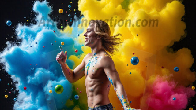 Paint Splat Fun - Hot men having fun with body paint. AI-generated abstract art featuring beautiful, handsome, sexy, shirtless, men, boys, lads, full of excitement joy and fun, covered in body paint, dynamic, interactive, Combining elements of realism with surreal abstract qualities, showcasing the potential of AI in artistic expression. Photos of guys, just smiling, happy, and having a good time. Most of them are smiling because a paint bomb just blow up next to them, so I'm calling is Abstract Art. When paint attacks and makes people happy, it's Art!