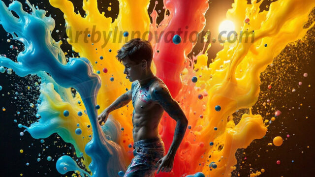 Paint Splat Fun - Hot men having fun with body paint. AI-generated abstract art featuring beautiful, handsome, sexy, shirtless, men, boys, lads, full of excitement joy and fun, covered in body paint, dynamic, interactive, Combining elements of realism with surreal abstract qualities, showcasing the potential of AI in artistic expression. Photos of guys, just smiling, happy, and having a good time. Most of them are smiling because a paint bomb just blow up next to them, so I'm calling is Abstract Art. When paint attacks and makes people happy, it's Art!