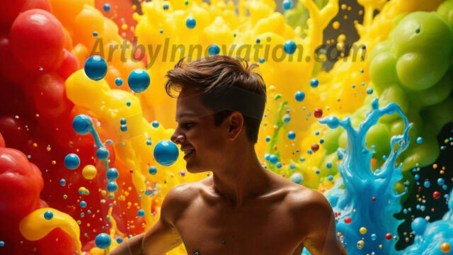 Paint Splat Fun - Hot men having fun with body paint. AI-generated abstract art featuring beautiful, handsome, sexy, shirtless, men, boys, lads, full of excitement joy and fun, covered in body paint, dynamic, interactive, Combining elements of realism with surreal abstract qualities, showcasing the potential of AI in artistic expression. Photos of guys, just smiling, happy, and having a good time. Most of them are smiling because a paint bomb just blow up next to them, so I'm calling is Abstract Art. When paint attacks and makes people happy, it's Art!