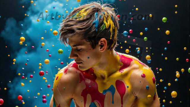 Paint Splat Fun - Hot men having fun with body paint. AI-generated abstract art featuring beautiful, handsome, sexy, shirtless, men, boys, lads, full of excitement joy and fun, covered in body paint, dynamic, interactive, Combining elements of realism with surreal abstract qualities, showcasing the potential of AI in artistic expression. Photos of guys, just smiling, happy, and having a good time. Most of them are smiling because a paint bomb just blow up next to them, so I'm calling is Abstract Art. When paint attacks and makes people happy, it's Art!