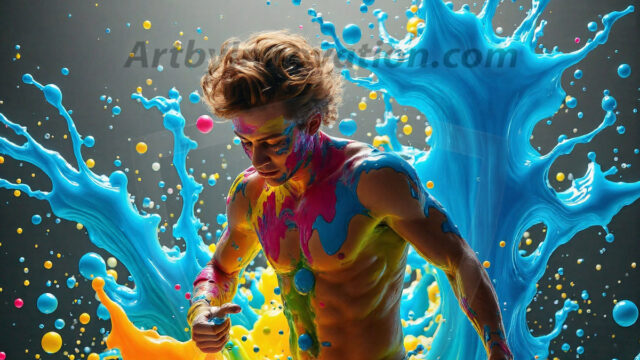 Paint Splat Fun - Hot men having fun with body paint. AI-generated abstract art featuring beautiful, handsome, sexy, shirtless, men, boys, lads, full of excitement joy and fun, covered in body paint, dynamic, interactive, Combining elements of realism with surreal abstract qualities, showcasing the potential of AI in artistic expression. Photos of guys, just smiling, happy, and having a good time. Most of them are smiling because a paint bomb just blow up next to them, so I'm calling is Abstract Art. When paint attacks and makes people happy, it's Art!