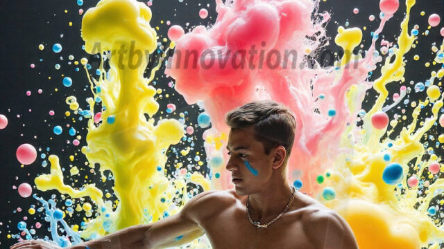 Paint Splat Fun - Hot men having fun with body paint. AI-generated abstract art featuring beautiful, handsome, sexy, shirtless, men, boys, lads, full of excitement joy and fun, covered in body paint, dynamic, interactive, Combining elements of realism with surreal abstract qualities, showcasing the potential of AI in artistic expression. Photos of guys, just smiling, happy, and having a good time. Most of them are smiling because a paint bomb just blow up next to them, so I'm calling is Abstract Art. When paint attacks and makes people happy, it's Art!