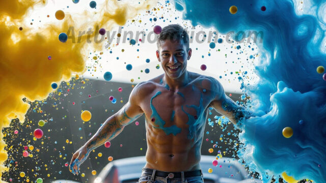 Paint Splat Fun - Hot men having fun with body paint. AI-generated abstract art featuring beautiful, handsome, sexy, shirtless, men, boys, lads, full of excitement joy and fun, covered in body paint, dynamic, interactive, Combining elements of realism with surreal abstract qualities, showcasing the potential of AI in artistic expression. Photos of guys, just smiling, happy, and having a good time. Most of them are smiling because a paint bomb just blow up next to them, so I'm calling is Abstract Art. When paint attacks and makes people happy, it's Art!