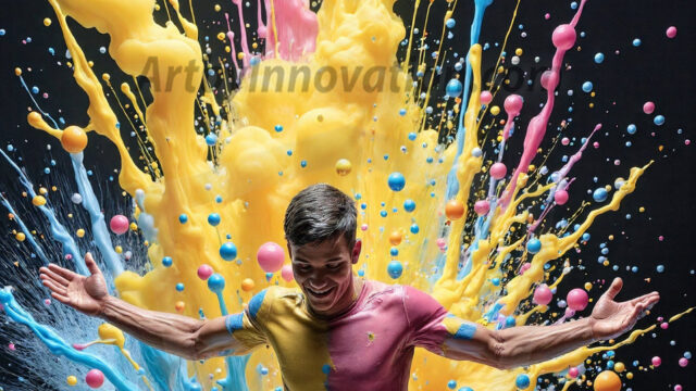 Paint Splat Fun - Hot men having fun with body paint. AI-generated abstract art featuring beautiful, handsome, sexy, shirtless, men, boys, lads, full of excitement joy and fun, covered in body paint, dynamic, interactive, Combining elements of realism with surreal abstract qualities, showcasing the potential of AI in artistic expression. Photos of guys, just smiling, happy, and having a good time. Most of them are smiling because a paint bomb just blow up next to them, so I'm calling is Abstract Art. When paint attacks and makes people happy, it's Art!
