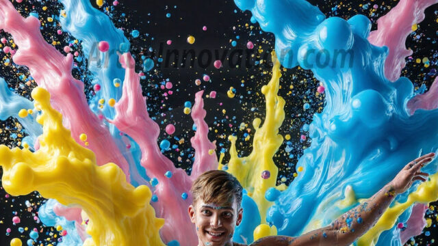 Paint Splat Fun - Hot men having fun with body paint. AI-generated abstract art featuring beautiful, handsome, sexy, shirtless, men, boys, lads, full of excitement joy and fun, covered in body paint, dynamic, interactive, Combining elements of realism with surreal abstract qualities, showcasing the potential of AI in artistic expression. Photos of guys, just smiling, happy, and having a good time. Most of them are smiling because a paint bomb just blow up next to them, so I'm calling is Abstract Art. When paint attacks and makes people happy, it's Art!