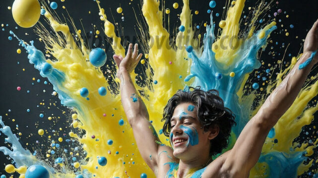 Paint Splat Fun - Hot men having fun with body paint. AI-generated abstract art featuring beautiful, handsome, sexy, shirtless, men, boys, lads, full of excitement joy and fun, covered in body paint, dynamic, interactive, Combining elements of realism with surreal abstract qualities, showcasing the potential of AI in artistic expression. Photos of guys, just smiling, happy, and having a good time. Most of them are smiling because a paint bomb just blow up next to them, so I'm calling is Abstract Art. When paint attacks and makes people happy, it's Art!