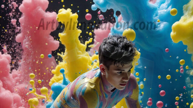 Paint Splat Fun - Hot men having fun with body paint. AI-generated abstract art featuring beautiful, handsome, sexy, shirtless, men, boys, lads, full of excitement joy and fun, covered in body paint, dynamic, interactive, Combining elements of realism with surreal abstract qualities, showcasing the potential of AI in artistic expression. Photos of guys, just smiling, happy, and having a good time. Most of them are smiling because a paint bomb just blow up next to them, so I'm calling is Abstract Art. When paint attacks and makes people happy, it's Art!